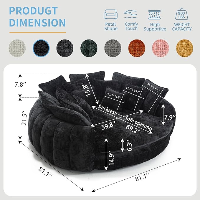 81 Oversized Round Sofa Bed Large Chenille Bean Bag Chair No Assembly Required Cloud Couch Fluffy Plush Chaise Lounge Chair Indoor Modern Sleeper Sofa with Deep Seat for Living Room (Black)