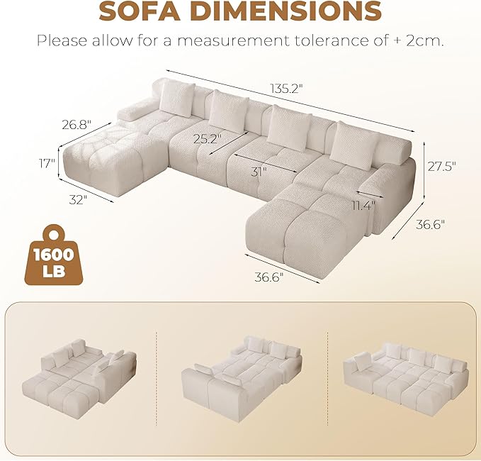 135 Modern L Shaped Modular Sectional Sofa 6 Seater Convertible Chenille Cloud Couch Sofa Set Boneless Couches for Living Room with Ottoman No Assembly Required White