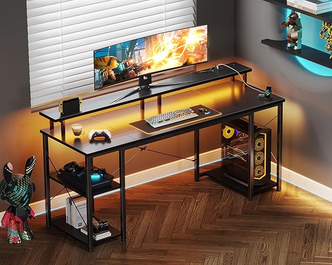 ODK 63 inch Computer Desk with Power Outlets &amp LED Lights Gaming Desk with Monitor Stand &amp Storage Sheves Home Office Desk Carbon Fiber Black