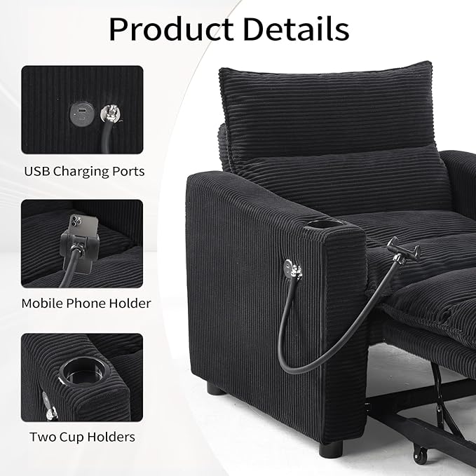 Corduroy Sleeper Sofa Bed with 2 Cup Holders 3-in-1 Convertible Pullout Futon Couch with Phone Holder&ampUSB Charge Port Single Chair with 3-Level Adjustable Backrest for Living Room
