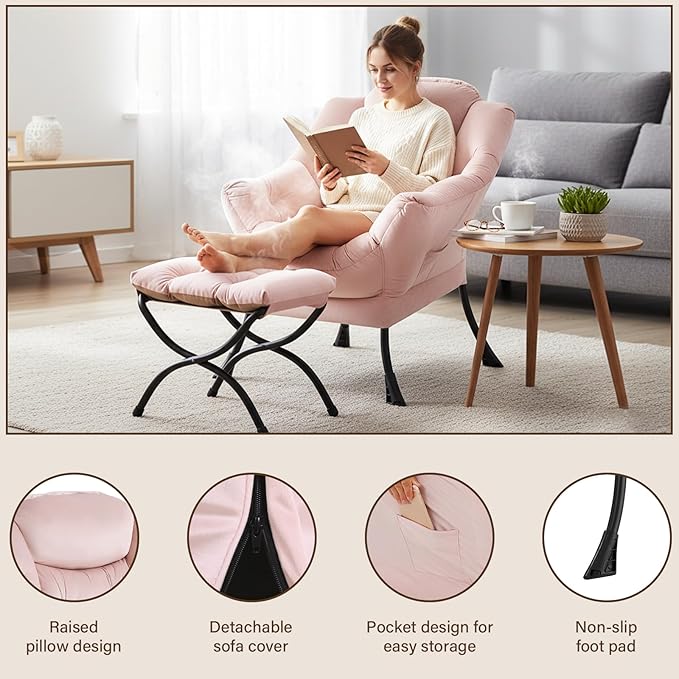 Welnow Lazy Chair with Ottoman Modern Accent Chair with Armrests and a Side Pocket Leisure Sofa Armchair Reading Armchair with Footrest for Small Space Pink