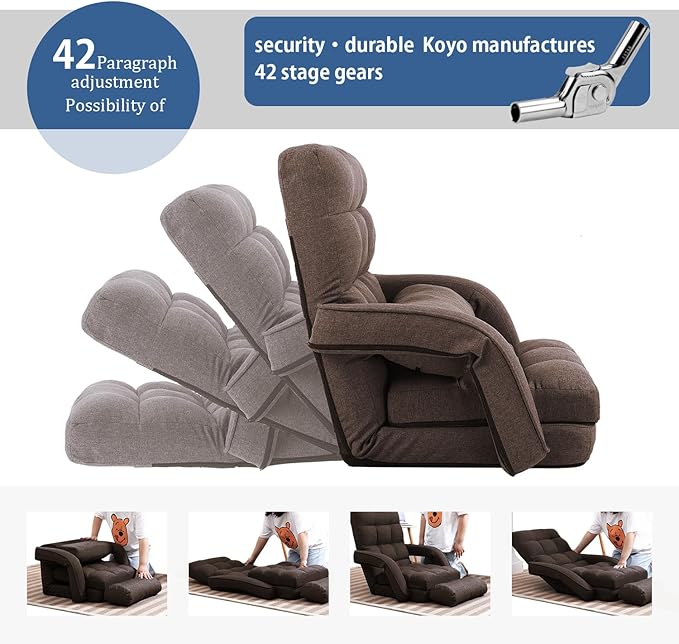 FLOGUOR 42-Position Adjustable Floor Chair Chaise Lounge Indoor Folding Lazy Sofa with Armrests and a Pillow Padded Adults Gaming Chairs for Living Room Bedroom Factory Price 8803XM (Brown)