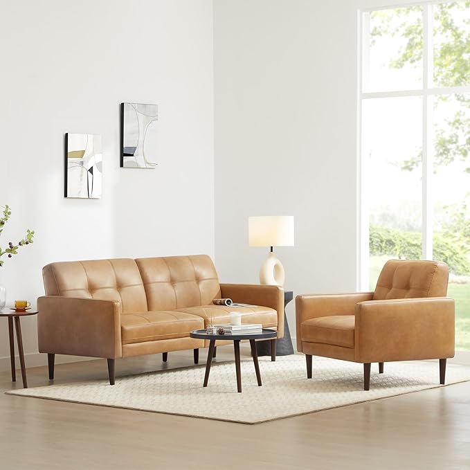 CHITA Mid-Century Sofas Furniture 73.2''W Faux Leather Sofa Couch Sets for Living Room Apartment Cognac Brown
