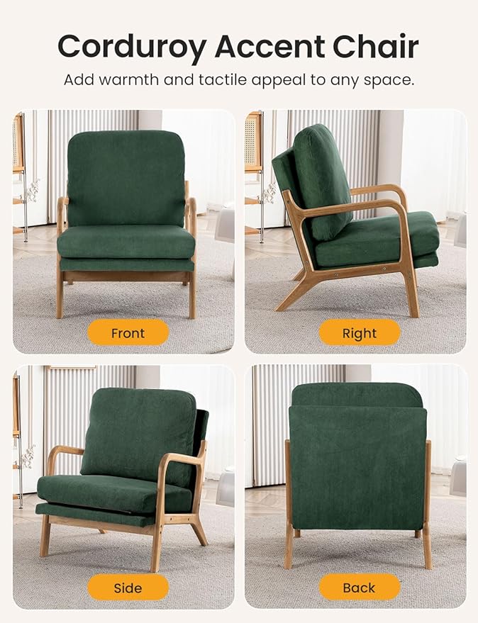 Mid Century Modern Accent Chairs for Living Room 23” Wide Comfy Chair for Bedroom Small Cozy Corduroy Reading Chairs for Adults 108° Lounge Arm Chair Indoor with Detachable Cover 5.5 Foam Cushion