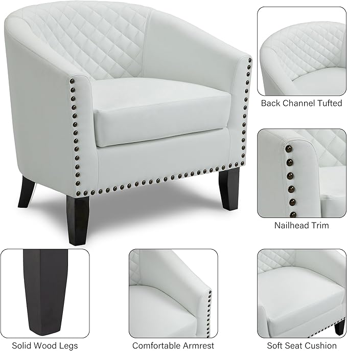 Pia Ricco Faux Leather Barrel Accent Chair Modern Club Arm Chair Comfy Upholstered Single Sofa Chair with Solid Wood Legs and Nailhead Trim for Living Room/Reading Room (White)