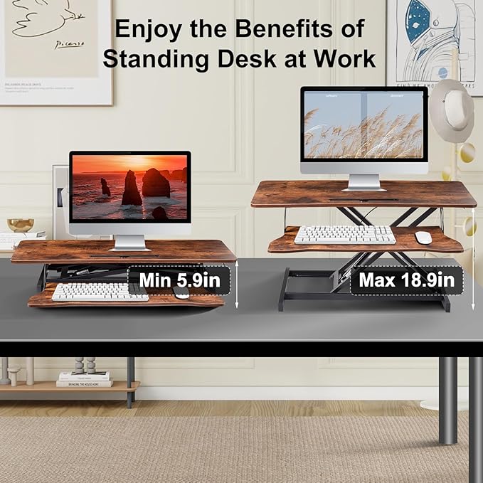 38-Inch Height Adjustable Standing Desk Converter Duals Monitor &amp Laptop Riser with Wide Keyboard Tray Sit to Stand Ergonomic Workstation for Home Office School Business Tiger Brown