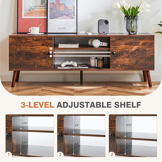 Sweetcrispy TV Stand for 55 60 inch TV Modern Mid Century Entertainment Center with Storage Media Console Table 2 Cabinet Soft Hinge Handle Door Wooden Living Room Office Furniture Rustic Brown