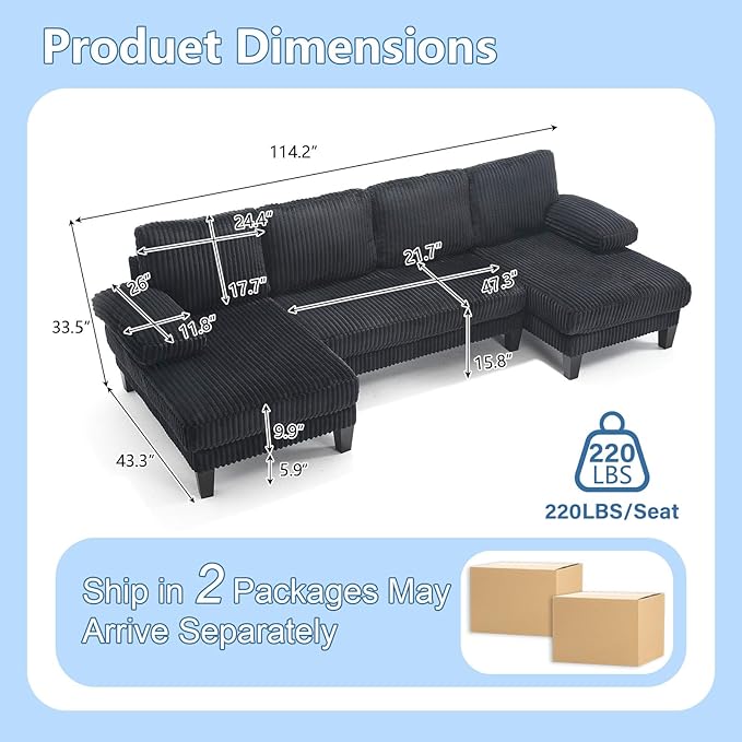 114 Sectional Couches for Living Room Corduroy Deep Seat Cloud Couch Double Chaise U Shaped Sofa