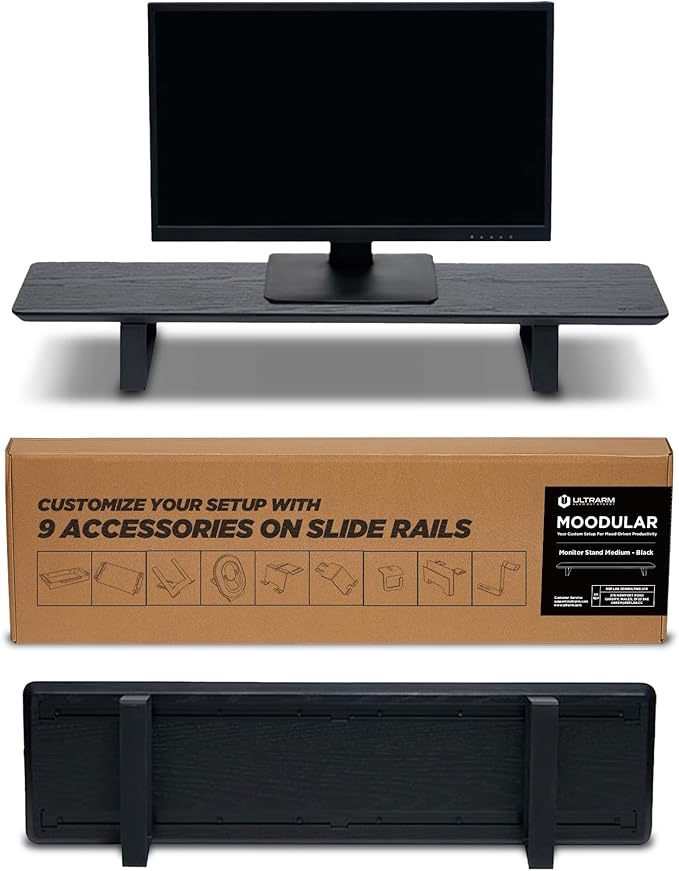 Moodular Wooden Monitor Stand 33.4” (85cm) Desk Organizer with Metal Slide Rails for Drawer Tray Laptop Tablet Phone &amp Headphones Customizable Riser for Organized Workspace Black MS85-B