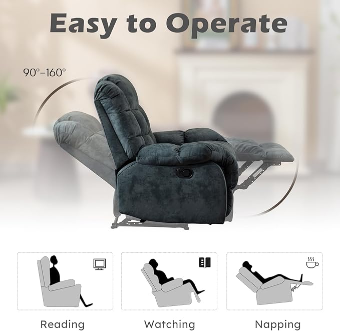 EBELLO Loveseat Recliner Sofa for Living Room Extra Wide Modern Overstuffed 2 Seat Reclining Manual Sofa Chair Breathable Fabric and Padded Cushion Green Grey