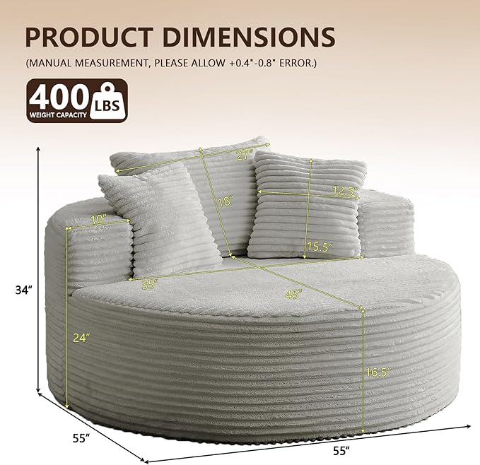 55''Oversized Round Chair Lounge Chaise IndoorCloud Boneless Large Circle Chair with Plush CorduroyNo Assembly RequiredFluffy Modern Sleeper Sofa Bed for ReadingLiving Room(GreyFabric Upgrade)