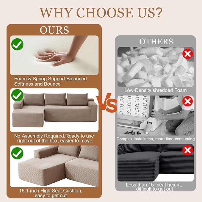 97 Cloud Sectional Couch Modern Boneless Couch with L-Shape Chaise Deep Seat Modular Sectional Sofa Corduroy Corner Foam Couches for Living RoomNo Assembly Required (Camel Right Chaise)