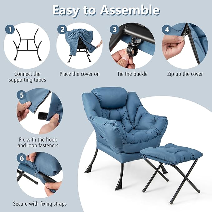 Giantex Lazy Chair with Ottoman Accent Sofa Chair with Folding Footrest Side Storage Pocket Upholstered Leisure Lounge Armchair with Stool for Bedroom Living Room Office Blue
