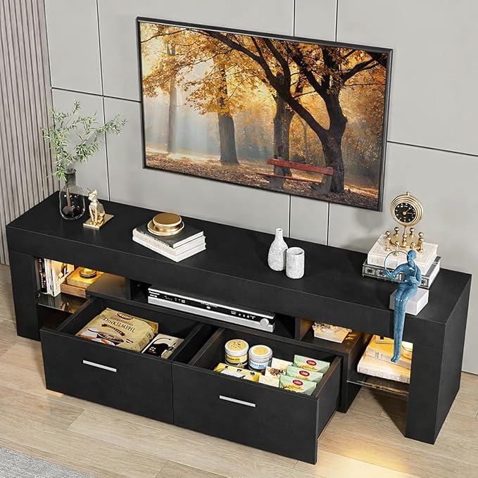 Large TV Stand for TVs up to 75 Inches – Modern Entertainment Center with LED Lights 4 Storage Drawers Open Shelves Black Finish