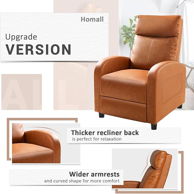 Homall Recliner Chair Recliner Sofa PU Leather for Adults Recliners Home Theater Seating with Lumbar Support Reclining Sofa Chair for Living Room (Khaki Leather)