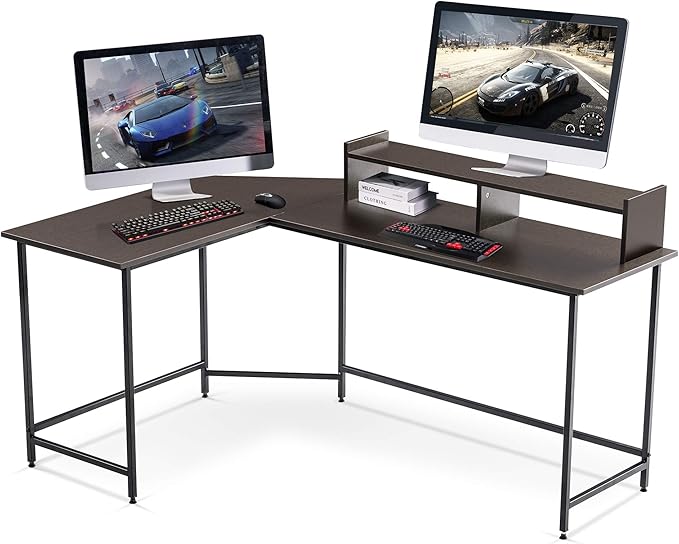 ivinta L Shaped Desk 62.2 Modern Corner Computer Desk with Monitor Stand for Small Spaces Living Room Home Office Bedroom 6404 (Dark Brown)