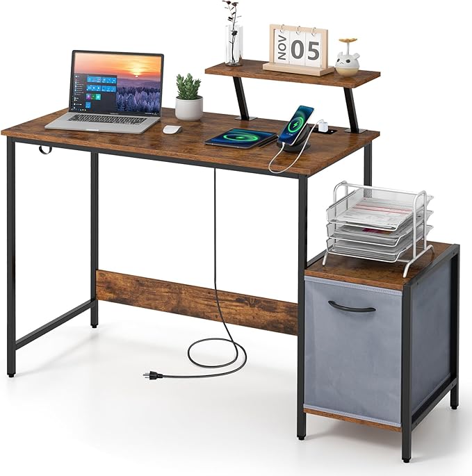 Giantex Computer Desk with Drawer and Power Outlet Home Office Desk with Reversible Storage Drawer &amp Raised Shelf Computer Workstation with Hook Industrial Study Writing Desk for Study Bedroom