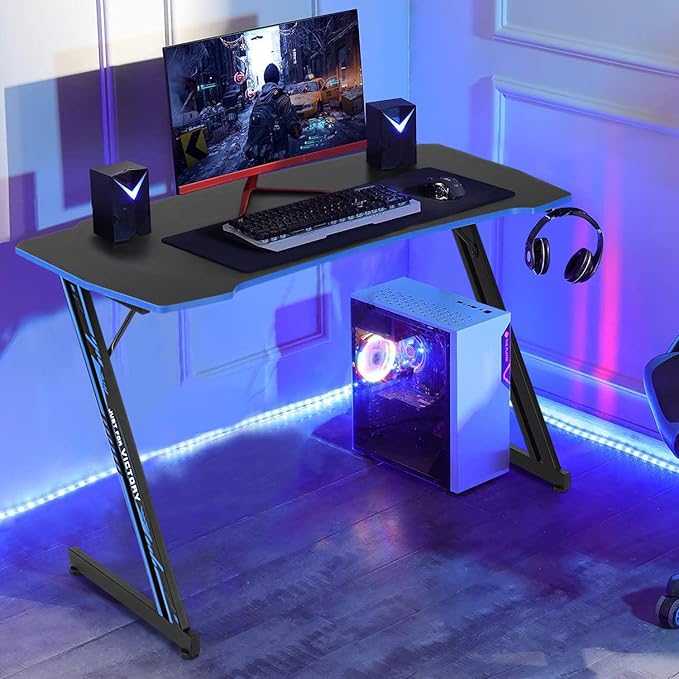 Gaming Desk 47 Inch Z-Shaped Computer Desk Modern Ergonomic PC Computer Table Home Office Desk Racing Style Gaming Workstation with Headphone Hook Blue