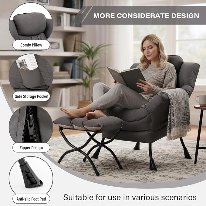 Lazy Chair with Ottoman Modern Accent Lounge Armchair with Armrests and a Side Pocket &amp Foldable Footstool Leisure Reading Chair for Living Room Bedroom Dorm &amp Office Dark Grey