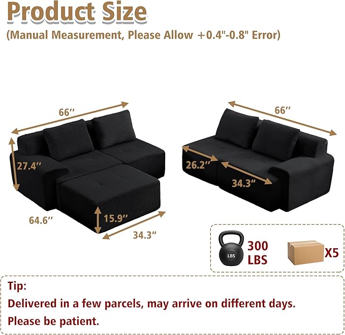 KIGOTY Modular Sectional Sofa Set 5 PCS Comfy Cloud Sectional Couch with Deep Seat Sleeper Sofa Bed with Ottoman Modern Boneless Couch for Living Room No Assembly RequiredBlack