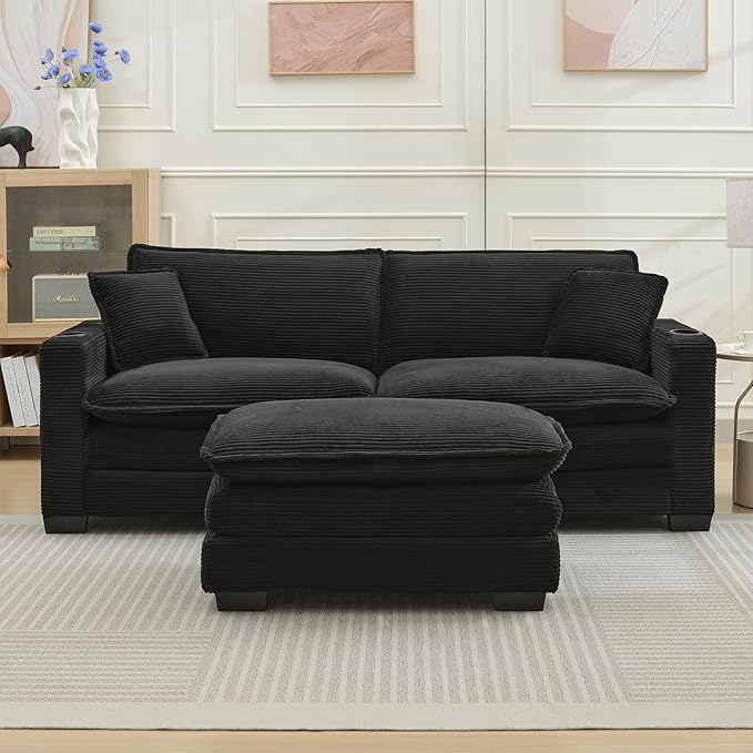 KIVENJAJA Corduroy Cloud Sectional Couch Modular Oversized Loveseat Sofa with Ottoman Cup Holders &amp USB Port Comfy 2 Seater Love Seat for Living Room Small Space 82.7”W Black