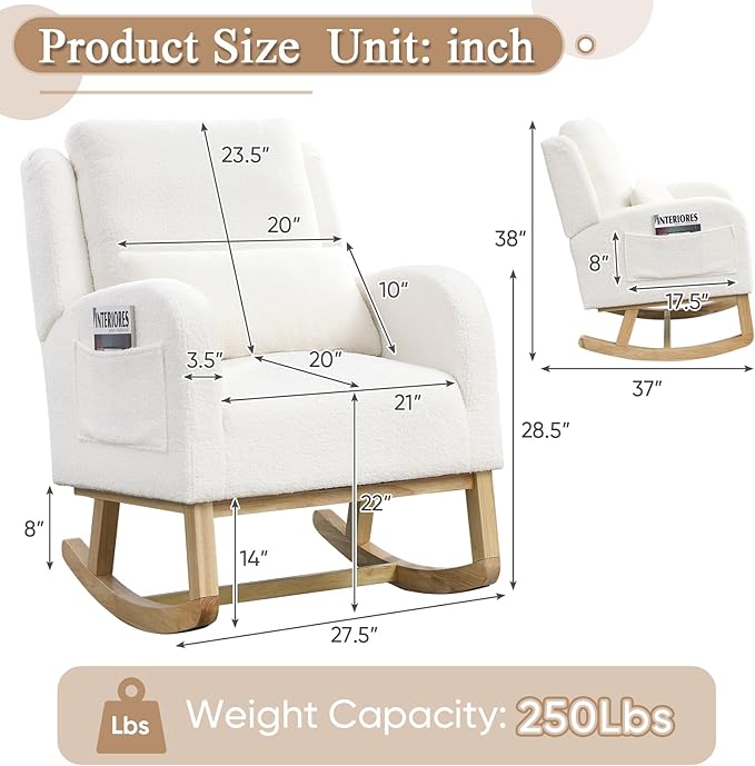 Antetek Rocking Glider Chair for Nursery Wingback Accent Rocker Chair Upholstered Tall Back Arm Chair w/Side Pockets Modern Leisure Single Sofa for Living Room Hotel Bedroom Baby Room Cream