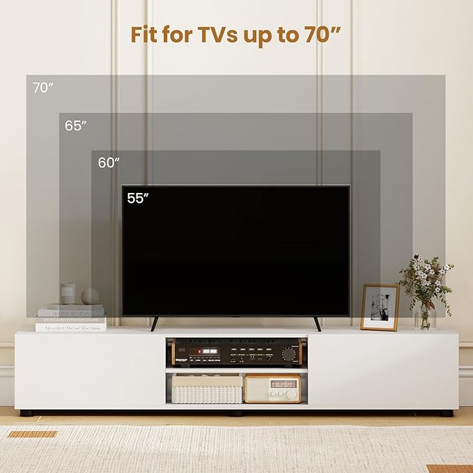 Tangkula Modern TV Stand for up to 70” TVs 63”L Minimalist Entertainment Center w/ 2 Doors &amp Open Shelves Media Console Table Storage Cabinet with 6 Support Feet for Living Room (White 63”L)