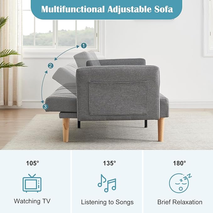 IDEALHOUSE 2024 New Futon Linen Sofa Bed - Compact and Stylish Sofa for Small Spaces - Foldable Double Sofa Furniture for Living Room Bedroom Dormitory - Linen