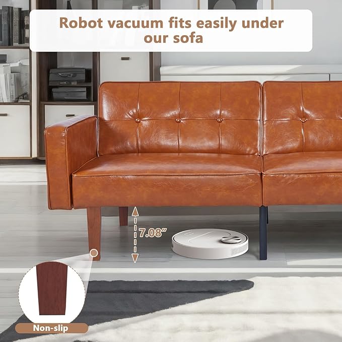 Faux Leather Adjustable Sofa Two-Seater Sofa with Wooden Legs Foldable Sofa Bed mid-Century Style Lounge Sofa Suitable for Apartments Living Room Bedroom Study Office Lounge Brown
