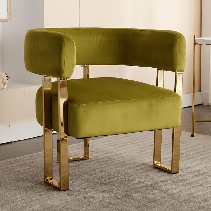 Barrel Accent Chair with Metal Frame Legs Modern Velvet Living Room Chairs Mid Century Upholstered Single Lounge Sofa Armchair for Living Room/Bedroom/Reading Room Olive