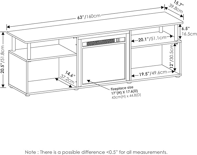 Furinno Jensen Open Storage Fireplace Entertainment Center for TV up to 70 Inch with Stainless Steel Tubes White Oak/Chrome