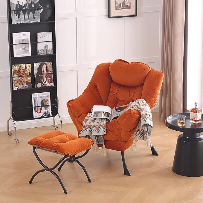 LITA Lazy Chair with Ottoman Modern Lounge Accent Chair with Armrests and a Side Pocket Leisure Upholstered Sofa Chairs Set Reading Chairs with Footrest for Small SpaceOrange