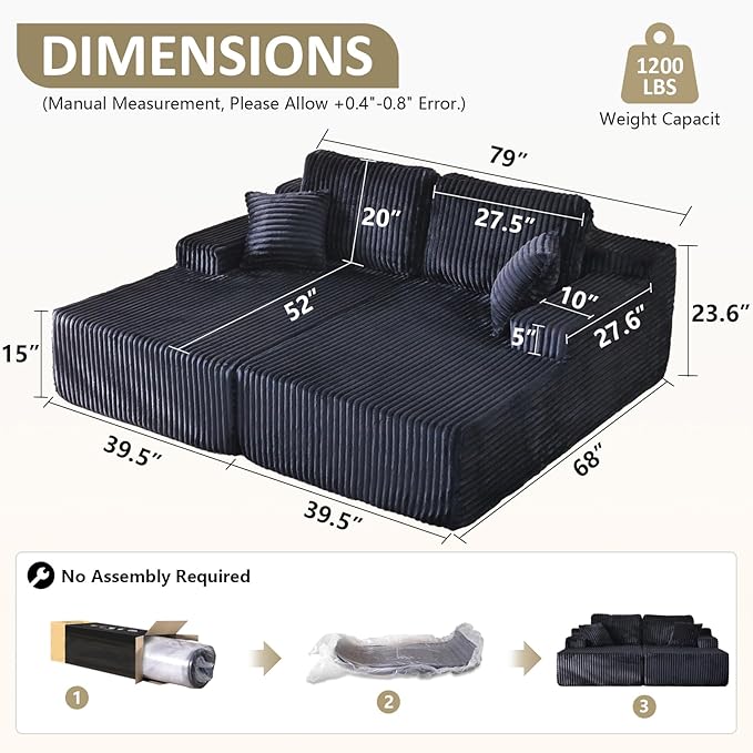 Oversized 79” Double Chaise Lounge Sofa Bed Deep Seat Corduroy Cloud Loveseat Chair No Assembly Plush Upholstered Sleeper for Living Room or Bedroom (Black)