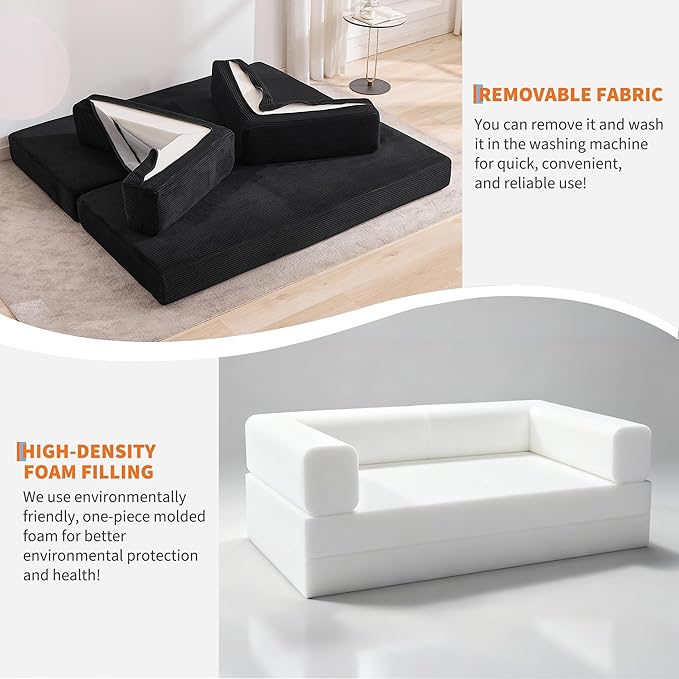 Convertible Sleeper Sofa Bed 78.8 Floor Sofa Bed 5-in-1 Folding Mattress Couch Loveseat with Fixed-Shape Frame Pillow Corduroy Fabric for Living Room Bedroom Lounge Black