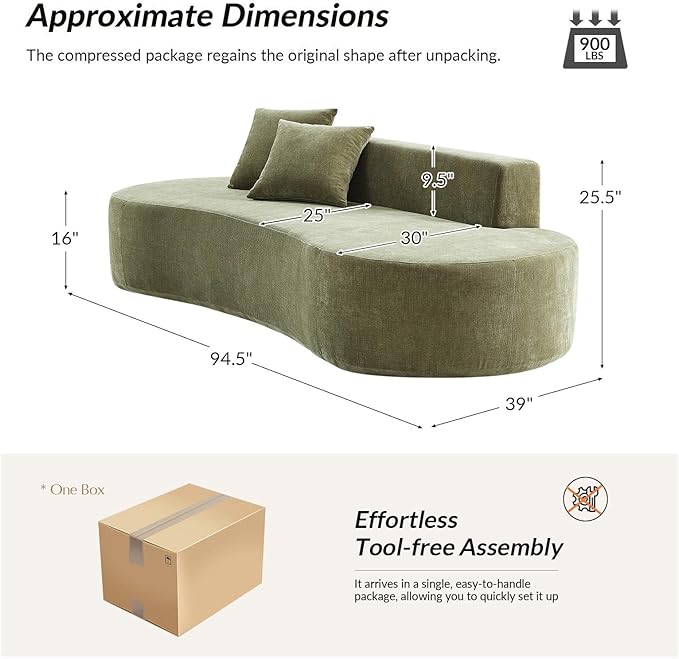 94.5 Boneless Sofa with 2 Pillows 3 Seater Compressed Foam Sofa with Half Moon Design &amp Deep Seat No Assembly Required Modern Cloud Couch for Living Room Olive