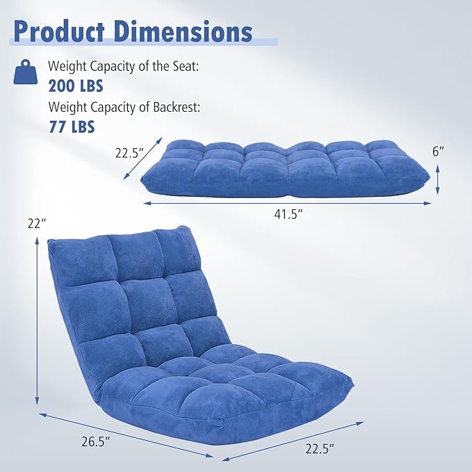 Moccha 14-Position Floor Sofa Folding Sofa Chair with Back Support Memory Foam Floor Gaming Chairs for Adults Adjustable Padded Couch Recliner Chaise Lounge for Reading Meditating (Blue)