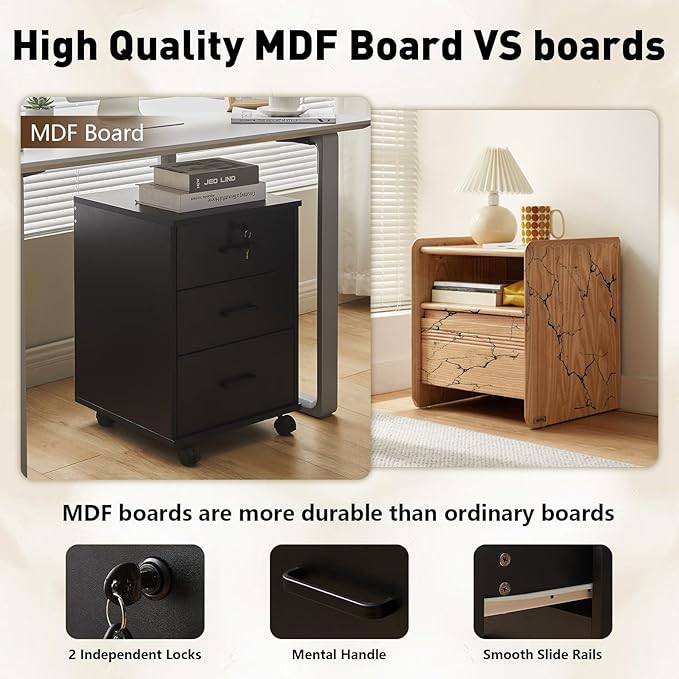 TUKAILAi Mobile File Cabinet with 3 Drawers Lockable Storage Unit Wooden Rolling Office Filing Cabinet with Wheels for Legal/Letter/A4 Sized Documents Home Office (Black 1PCS)