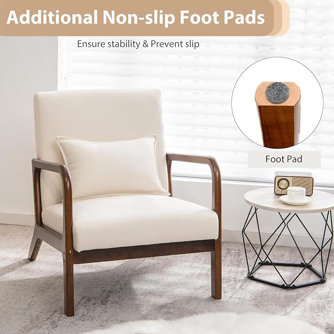 POWERSTONE Mid-Century Accent Chair Set of 2 - Upholstered Lounge Armchair with Pillow Solid Wood Legs Linen Fabric Modern Reading Leisure Chair for Living Room Bedroom Guest Room Beige