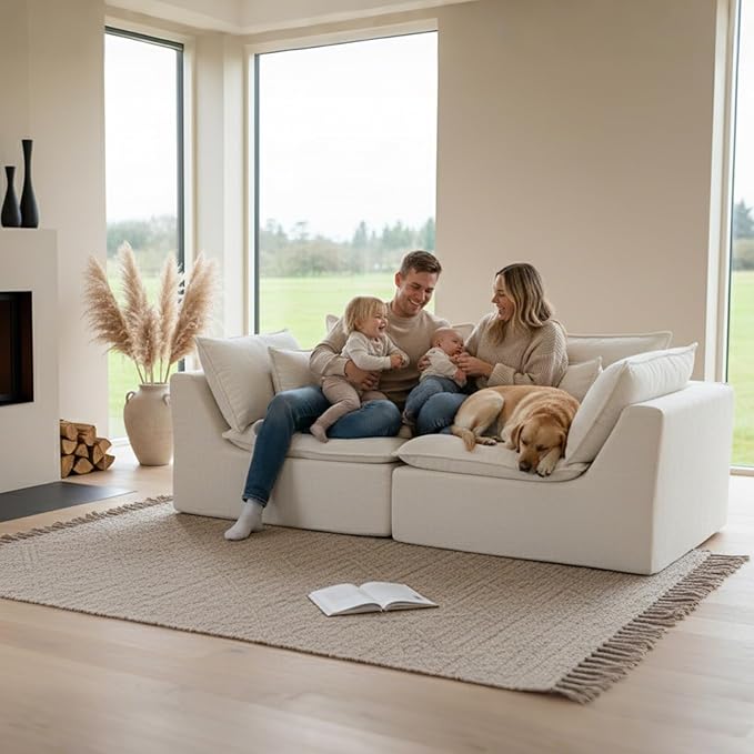 75 Cloud Loveseat Sofa for Small Space Waffle Knit Boneless Couch Deep Seat Oversized 2-Seater Modular Foam Apartment FurnitureWhite