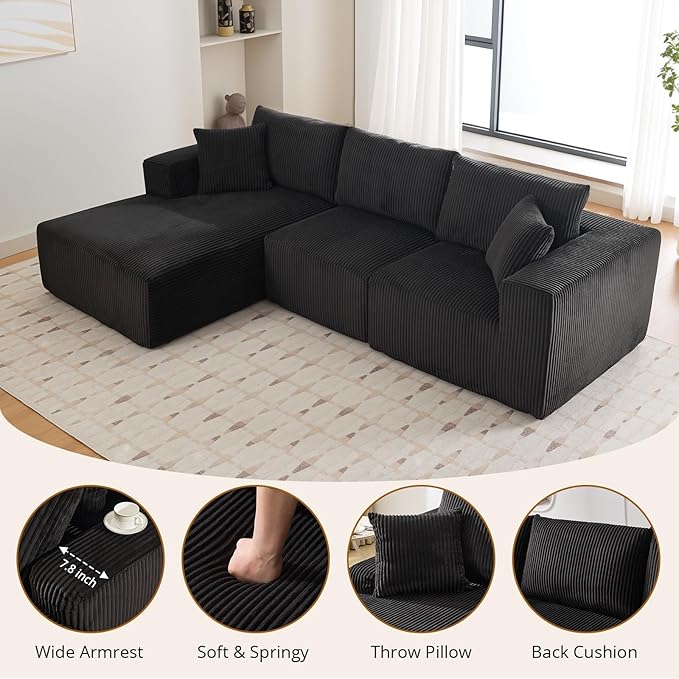 Sectional Cloud Boneless Couch 108 Modern Comfy L-Shape No Assembly Required Convertible Compression Sleeper Modular Sofa with Corduroy Fabric Deep Seat Loveseat + Chaise for Living Room