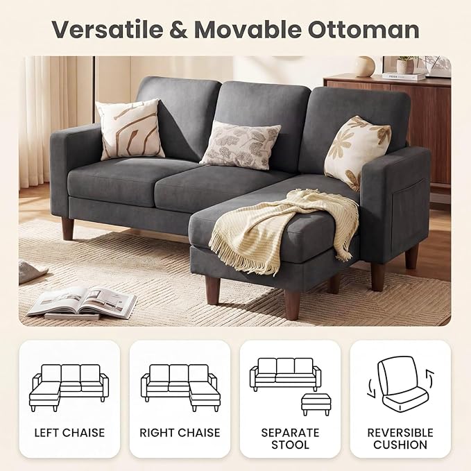 Homall 3 Seat Couch L Shape Sofa with Side Storage Pockage Sectional Couches with Reversible Ottoma Upholstered Sofa for Living Room and Small Spaces (Linen Fabric Graphite Grey)