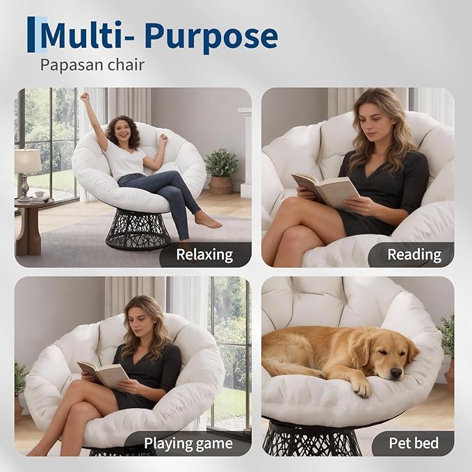 Papasan Chair 37 Ergonomic Wicker Papasan Chair with Extra-Thick Soft Fabric Cushion Heavy-Duty Steel Frame 360° Swivel Base for Living Room Bedroom &amp Reading Nook – White - Black Stand