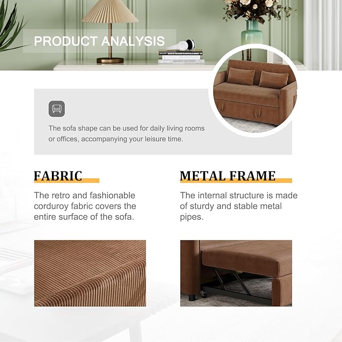 Sleeper Sofa with Pull Out Sofa BedCorduroy Futon Sofa Bed with 3 Level Adjustable Backrest &amp Storage Pockets and 2 Toss PillowsModern Couch Bed for Living RoomBedroom（Brown）