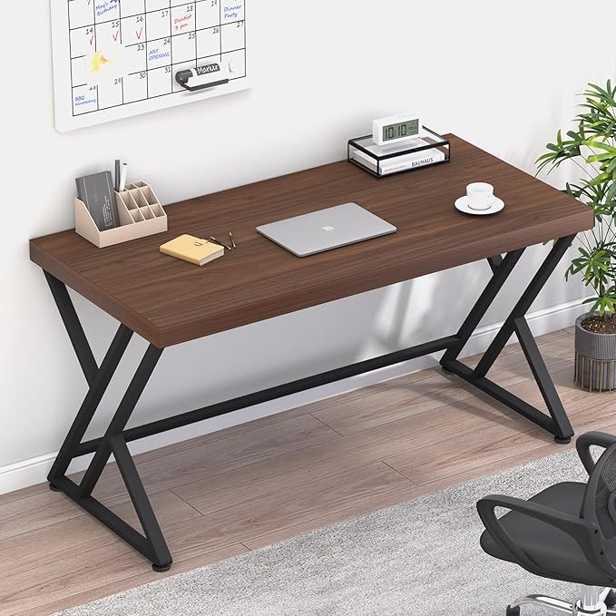 LVB Wood Computer Desk Rustic Executive Home Office Desk for Bedroom Industrial Metal Wooden Computer Table for Study Writing Work Modern PC Student Simple Gaming Desk with Storage 55 Inch Walnut