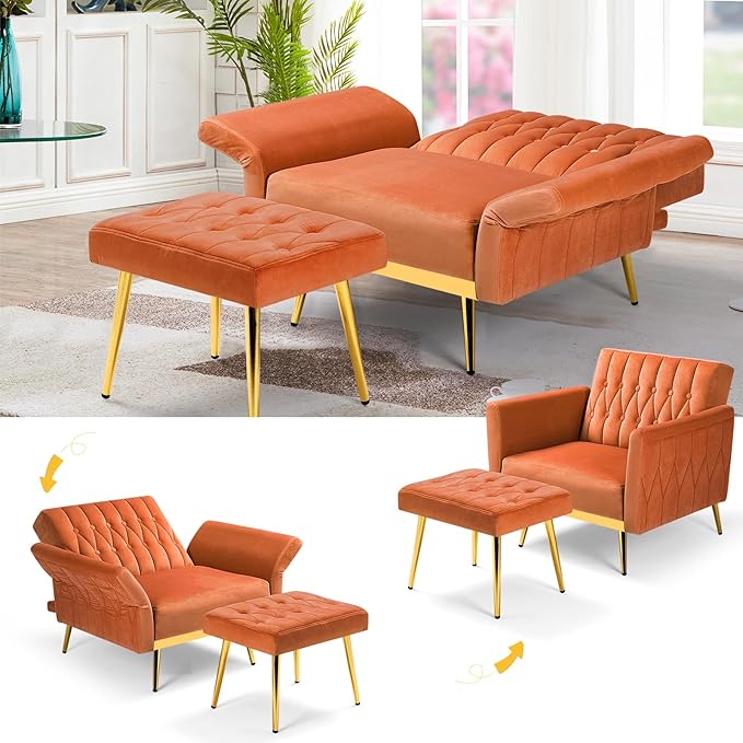 2 Pieces Velvet Sofa Set with Adjustable Armrest and Backrest 70” Convertible Futon Sofa Bed &amp Mordern Accent Chair with Ottoman for Living Room Bedroom Orange