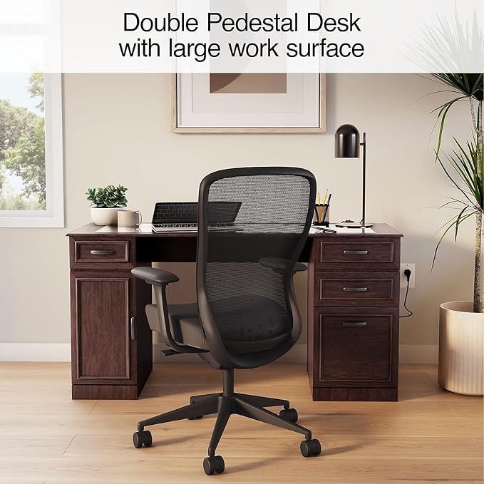 Staples Kendall Park 58.5” Double Pedestal Desk Cherry Finish Executive Office Desk with Storage Drawers &amp Spacious Worktop