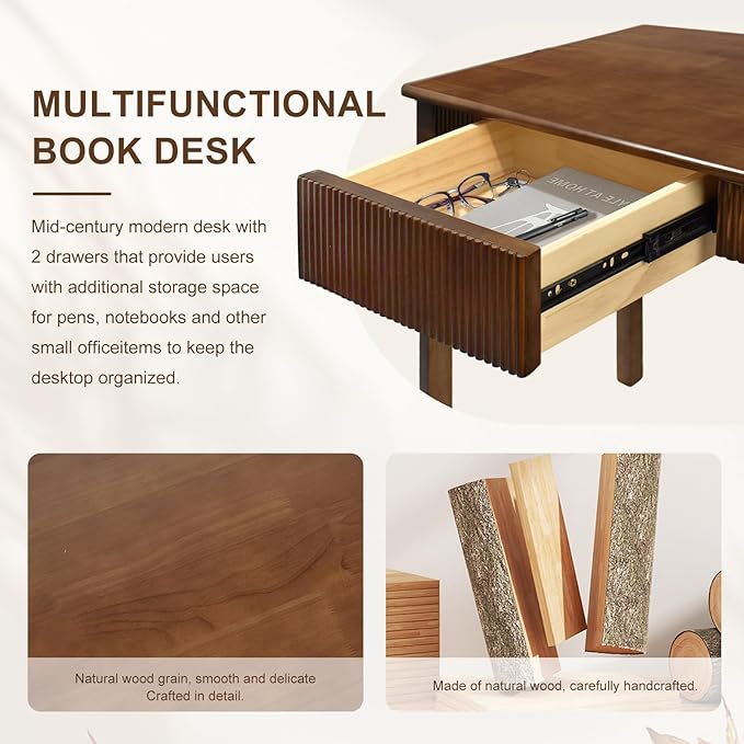 39.4'' Solid Wood Desk with 2 Drawers Mid Century Modern Home Writing Office Small Wooden Desk Vintage Computer Table with Storage for Living Room Bedroom Fluted Design Walnut(Walnut 39.4 Inch)