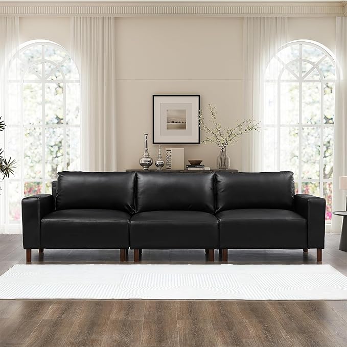 Mid-Century Modern Sofa PU Leather 3-Seater Couch with Solid Wood Legs &amp Square Armrests Lounge Comfy Sofa Upholstered Cozy Couch for Living Room Apatment Bedroom Office(112 W Black)