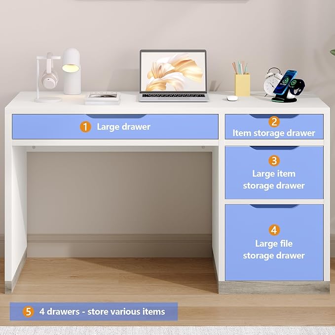52 Inch White Desk with 4 Drawers Computer Desk with Storage for Small Spaces with Storage File Drawer Small Home Office Desk with Drawers for Bedroom