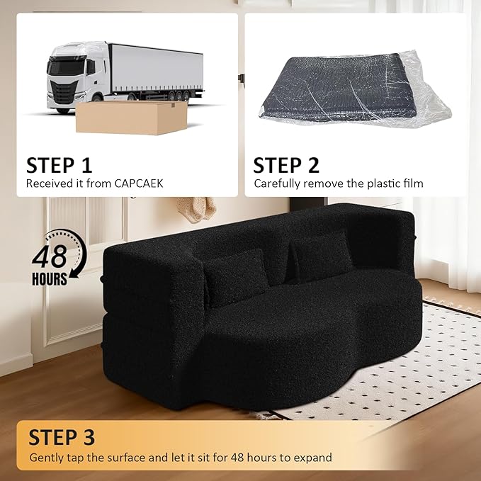 Folding Sofa Bed15 Full Size Boneless Couch for Living Room Teddy Fabric Foam-Filled Convertible Loveseat Sleeper Sofa Bed (Black-Teddy)